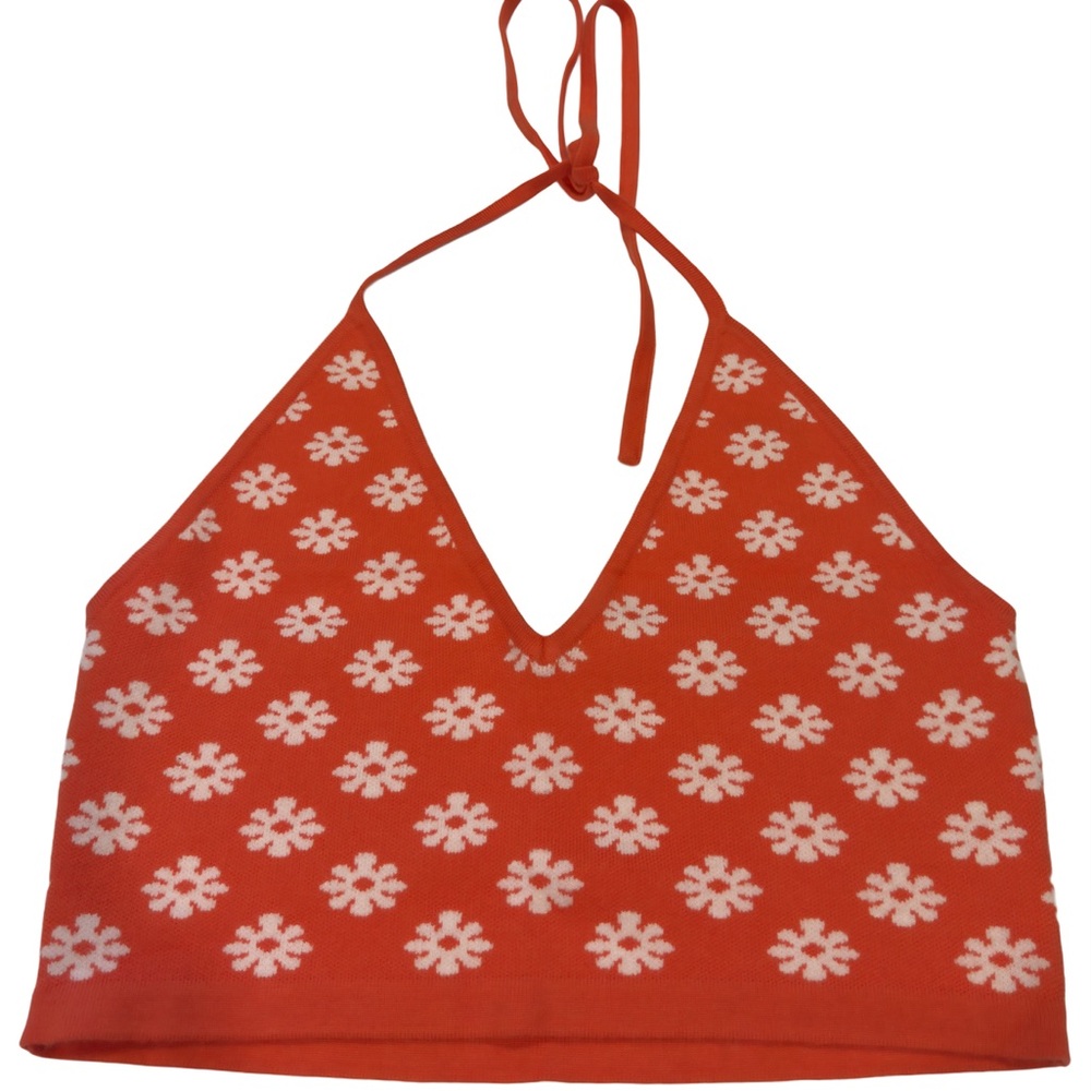 NWOT Butter Melon Orange Snowflake Halter Cropped Sweater, Size Medium